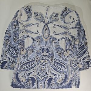 JM Collection 100% Linen Blouse Womens Small White Blue‎ Paisley Boho Old Money